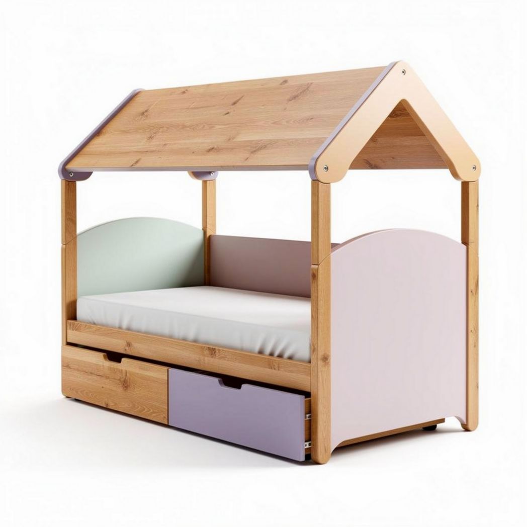 Bamboe kinderbed met opberglade en huisvormige beschutting 200 x 100 x 120cm