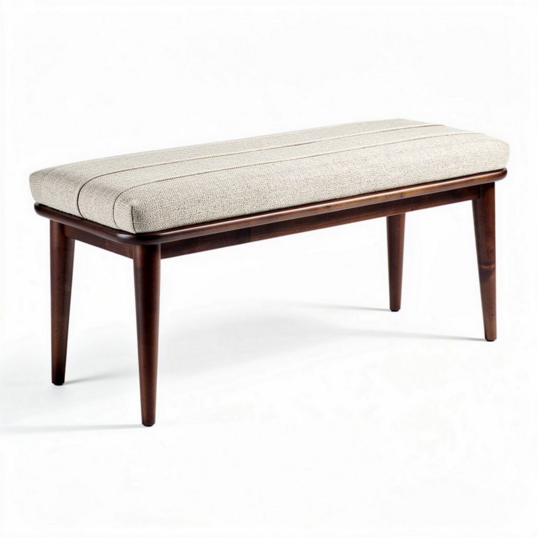 Lange houten bank met gestreepte stoffen zitting 120 x 60 x 45cm