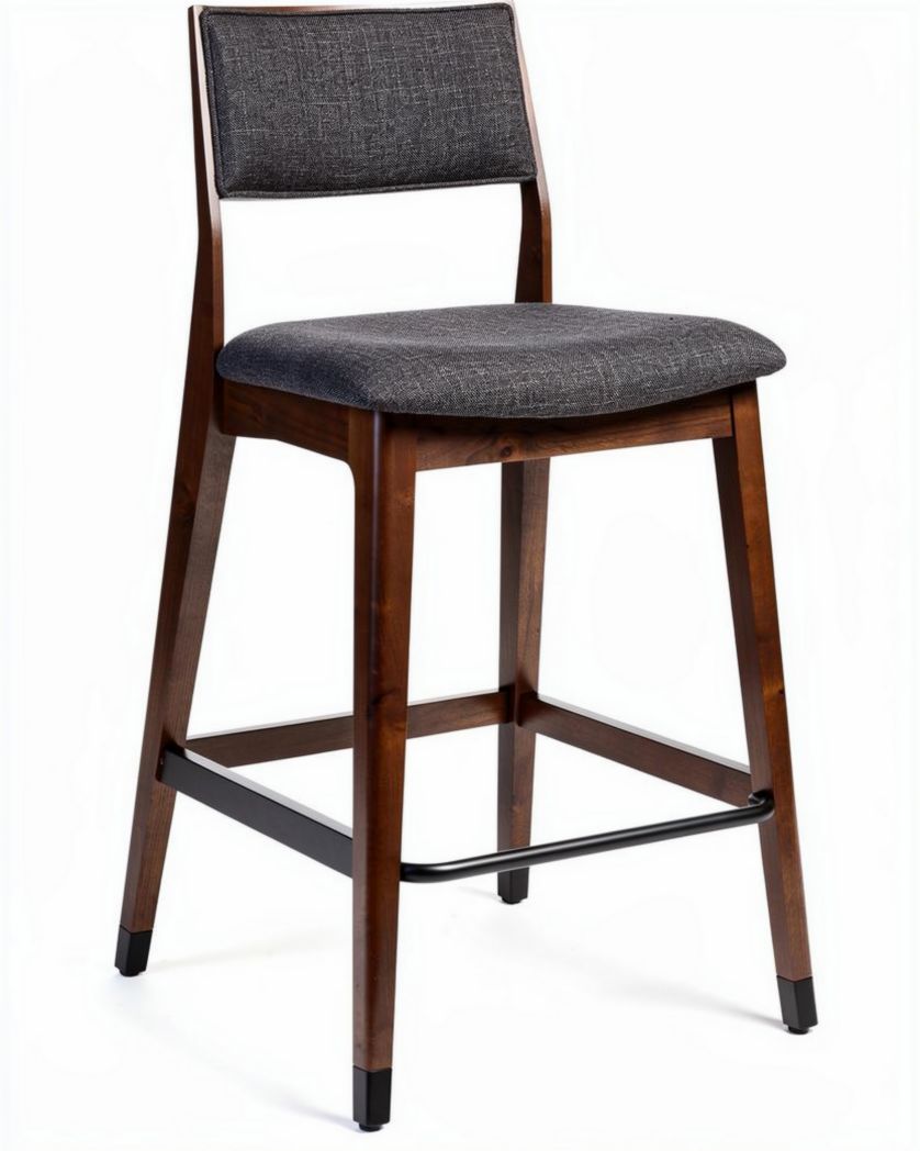 Houten barkruk met stoffen zitting en rugleuning in antraciet 45 x 45 x 110cm