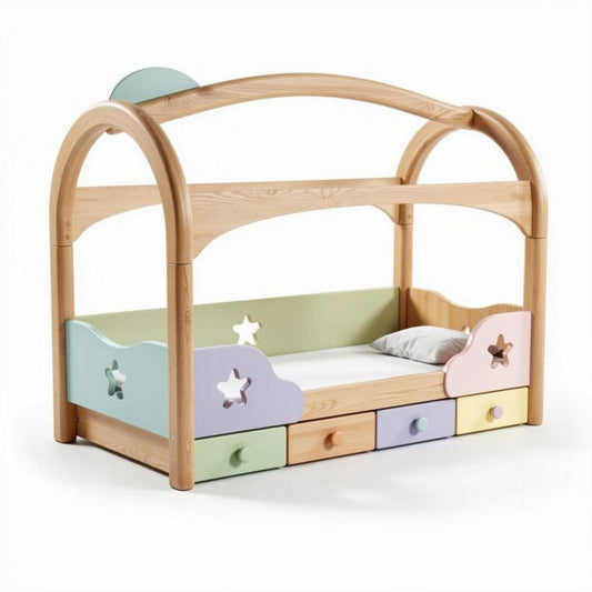 Houten peuterbed met afneembare zijhekken en laaddeur in pastelkleuren 150 x 75 x 100cm