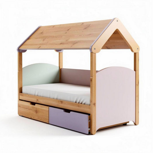 Bamboe kinderbed met opberglade en huisvormige beschutting 200 x 100 x 120cm
