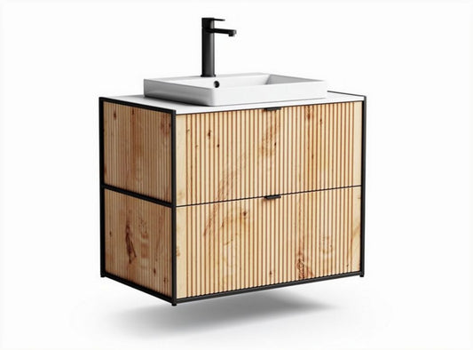 Houten wastafelmeubel met wit keramisch wastafelblad 60 x 45 x 85cm