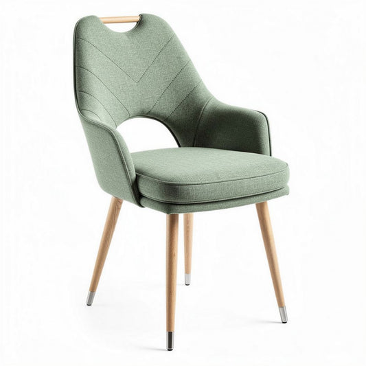 Stoel van groen stof met houten poten en afmetingen 45 x 55 x 85cm