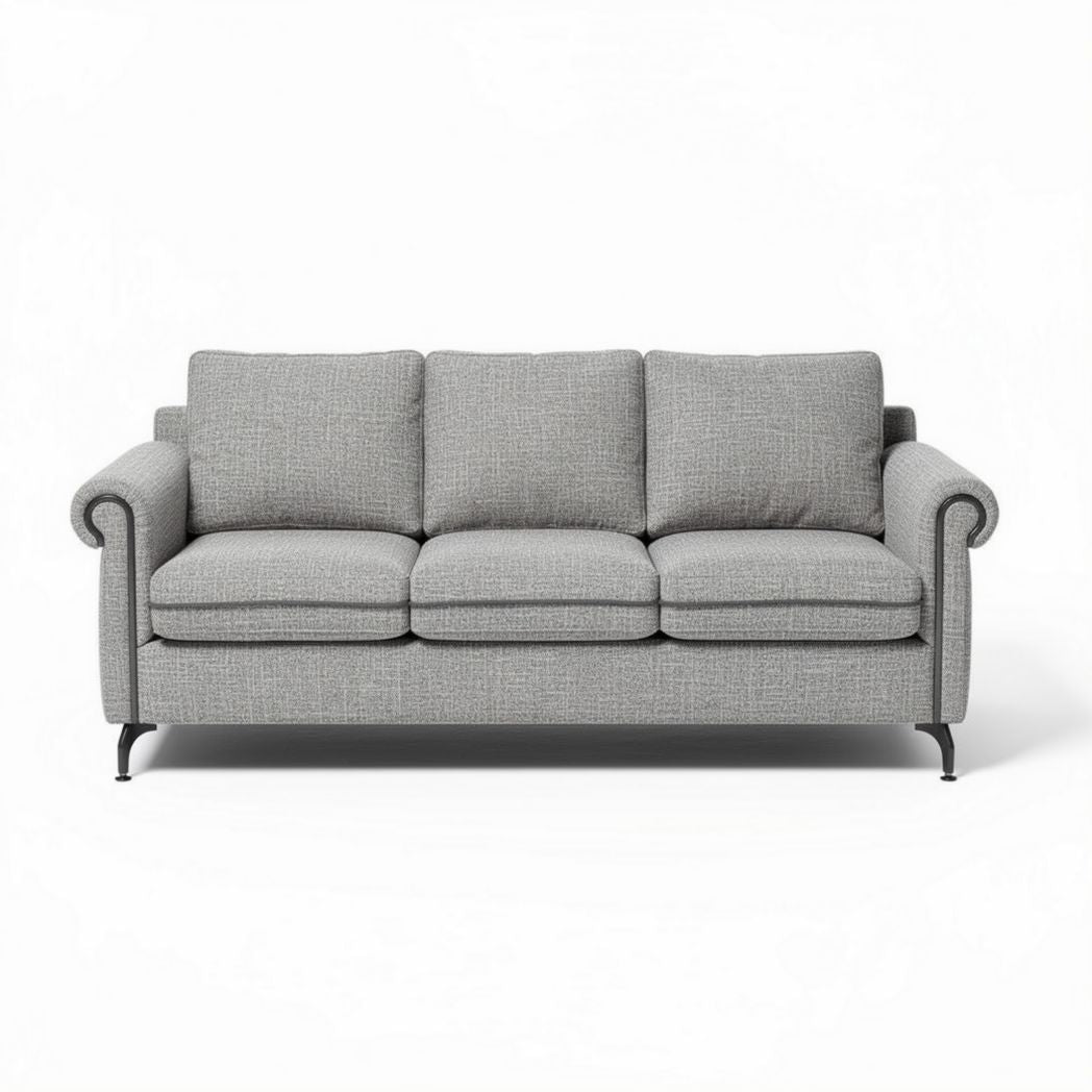 Grijze stoffen bank met drie zittingen en metalen poten 190 x 80 x 85cm