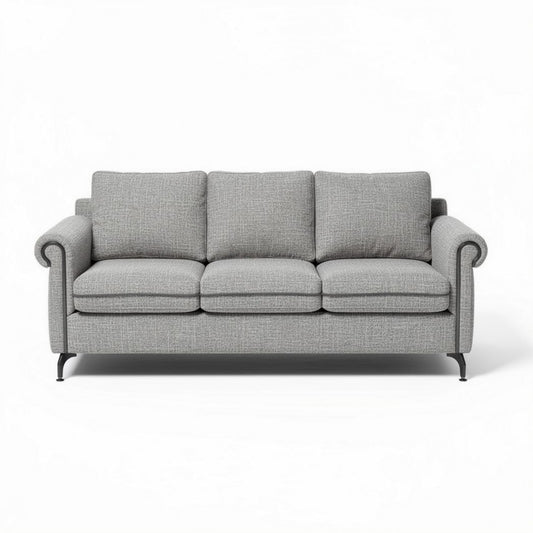 Grijze stoffen bank met drie zittingen en metalen poten 190 x 80 x 85cm