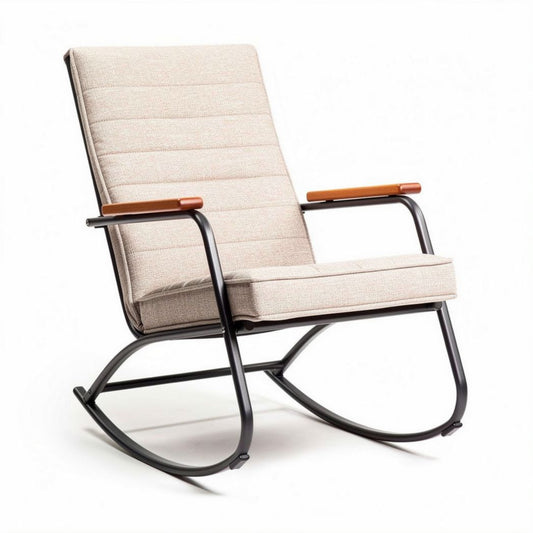 Schommelstoel met houten armleuningen en stoffen bekleding in beige 70 x 65 x 90cm