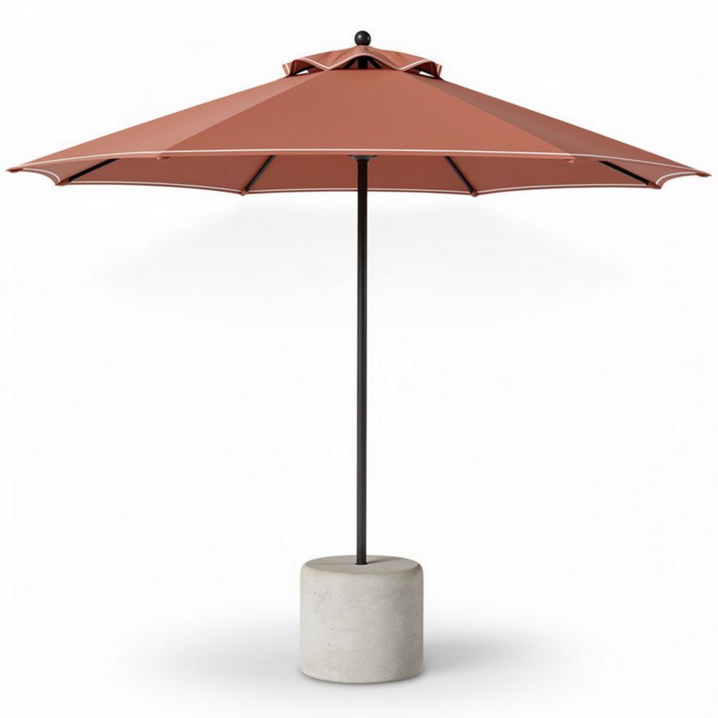 parasol in terracotta kleur met betonnen voet en een diameter van 300 cm