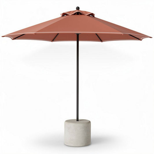 parasol in terracotta kleur met betonnen voet en een diameter van 300 cm